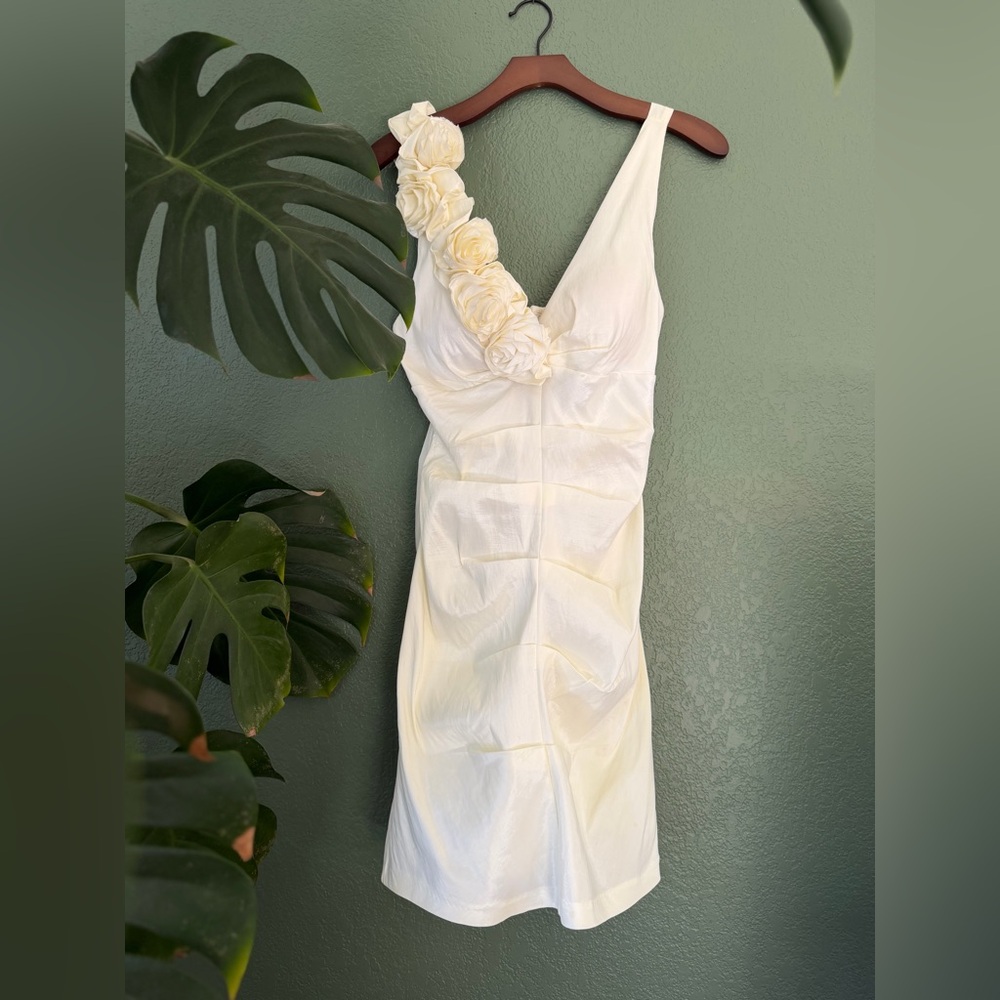 Cream Satin Rosette Shoulder Dress Romantic Cottagecore L